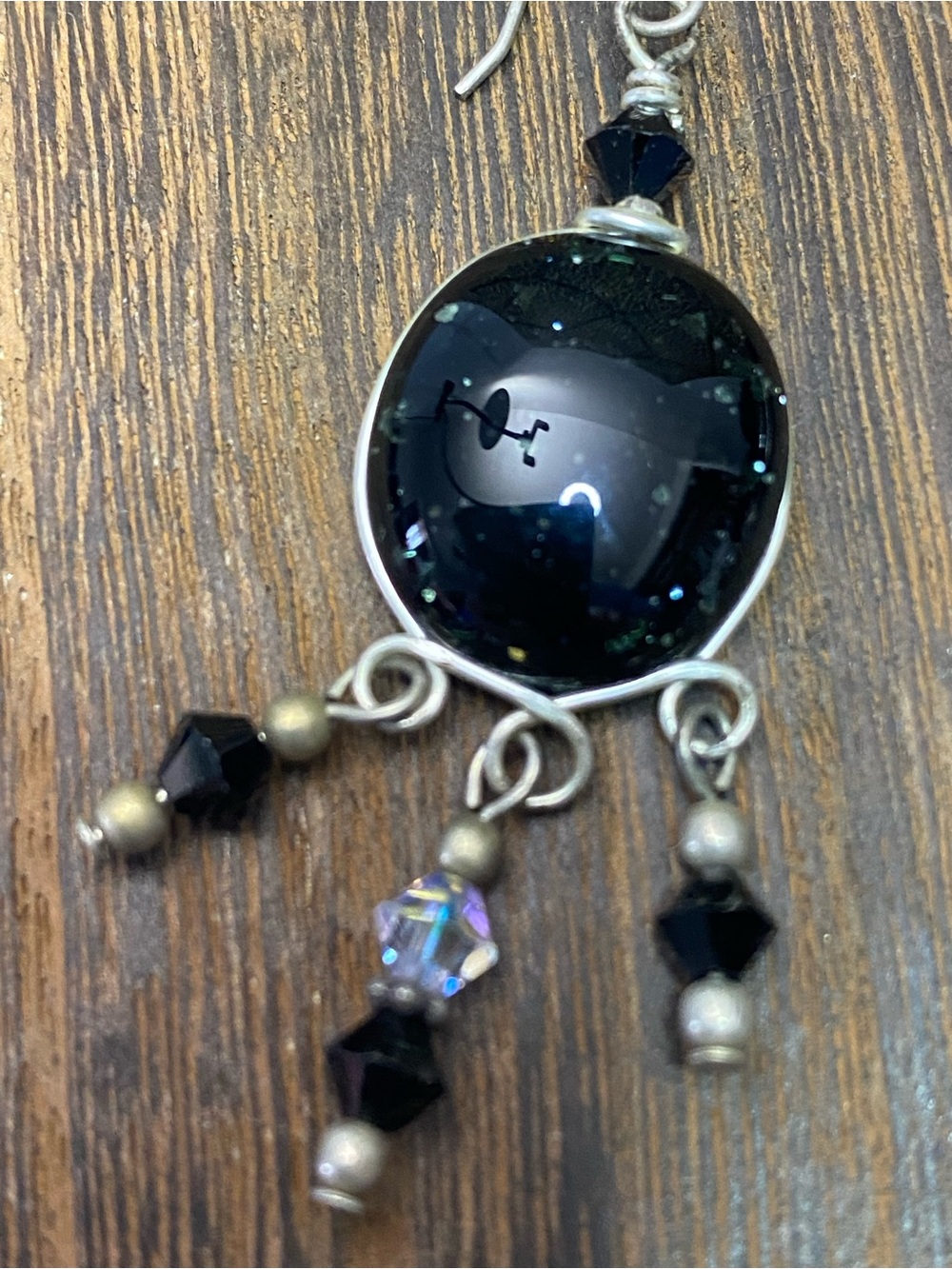 Black Sparkle Cabochon AB Crystal Bead Dangle Earrings with Silver-Tone Accents - Picture 6 of 10